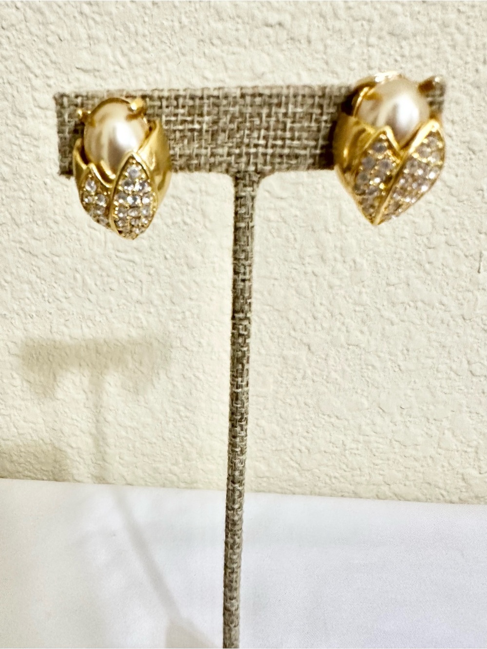 Vintage Gold Plated Pearl and Crystal Leaf Stud Earrings - Clips